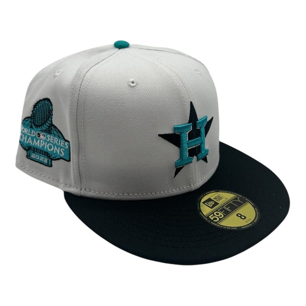New Era 59Fifty Houston Astros Hat Cap Size 8 White Teal 2022 World Series Patch